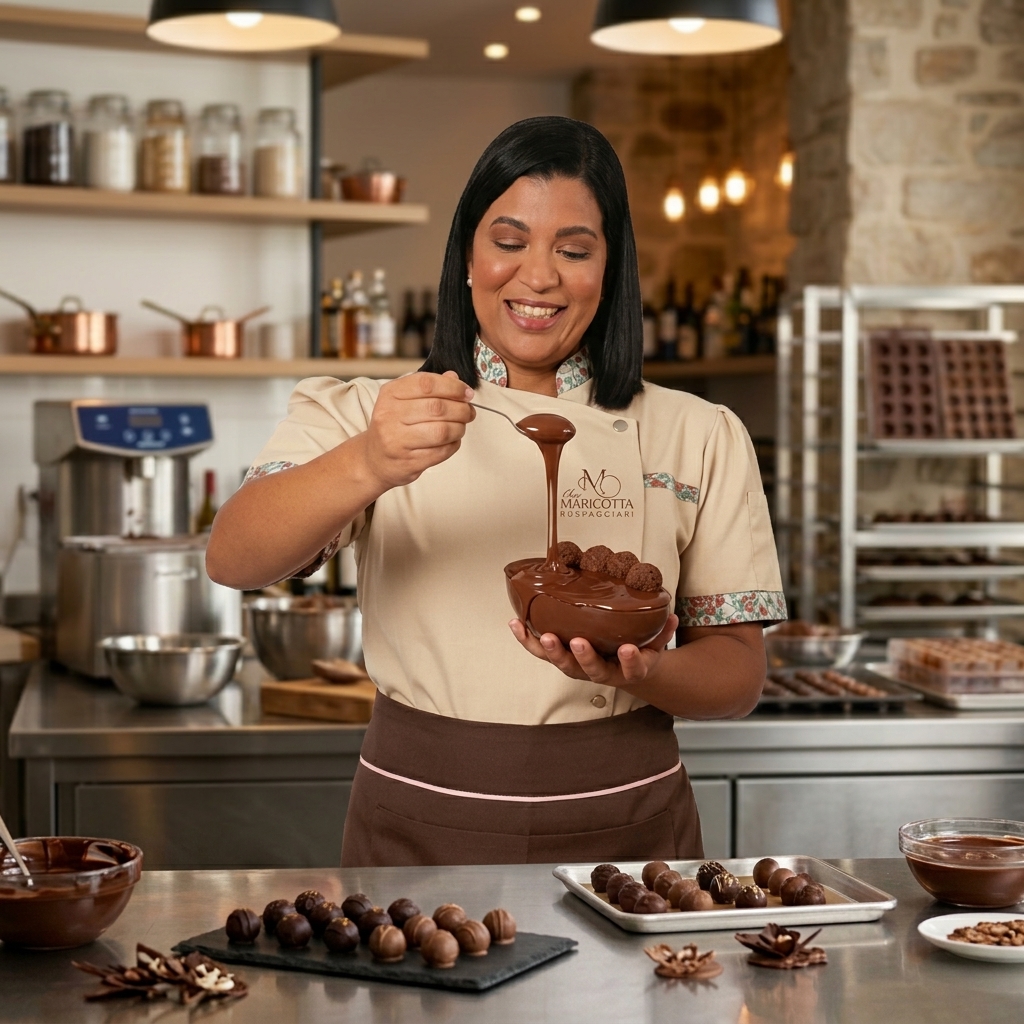 Chef Maricotta Ruspaggiari derramando chocolate
